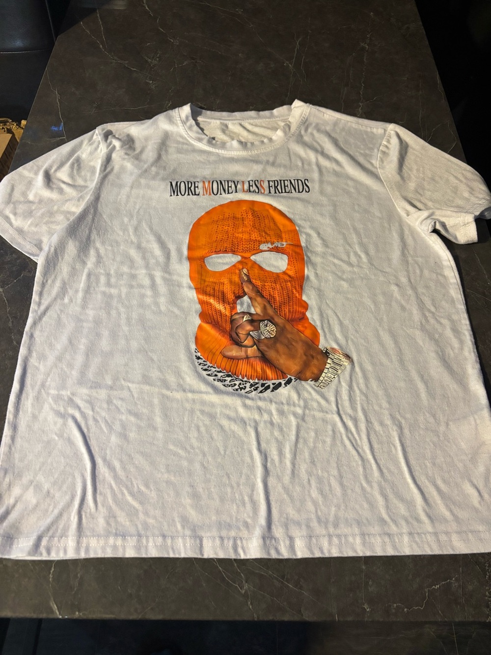 SHEIN White Tee with Orange Ski Mask Graphic